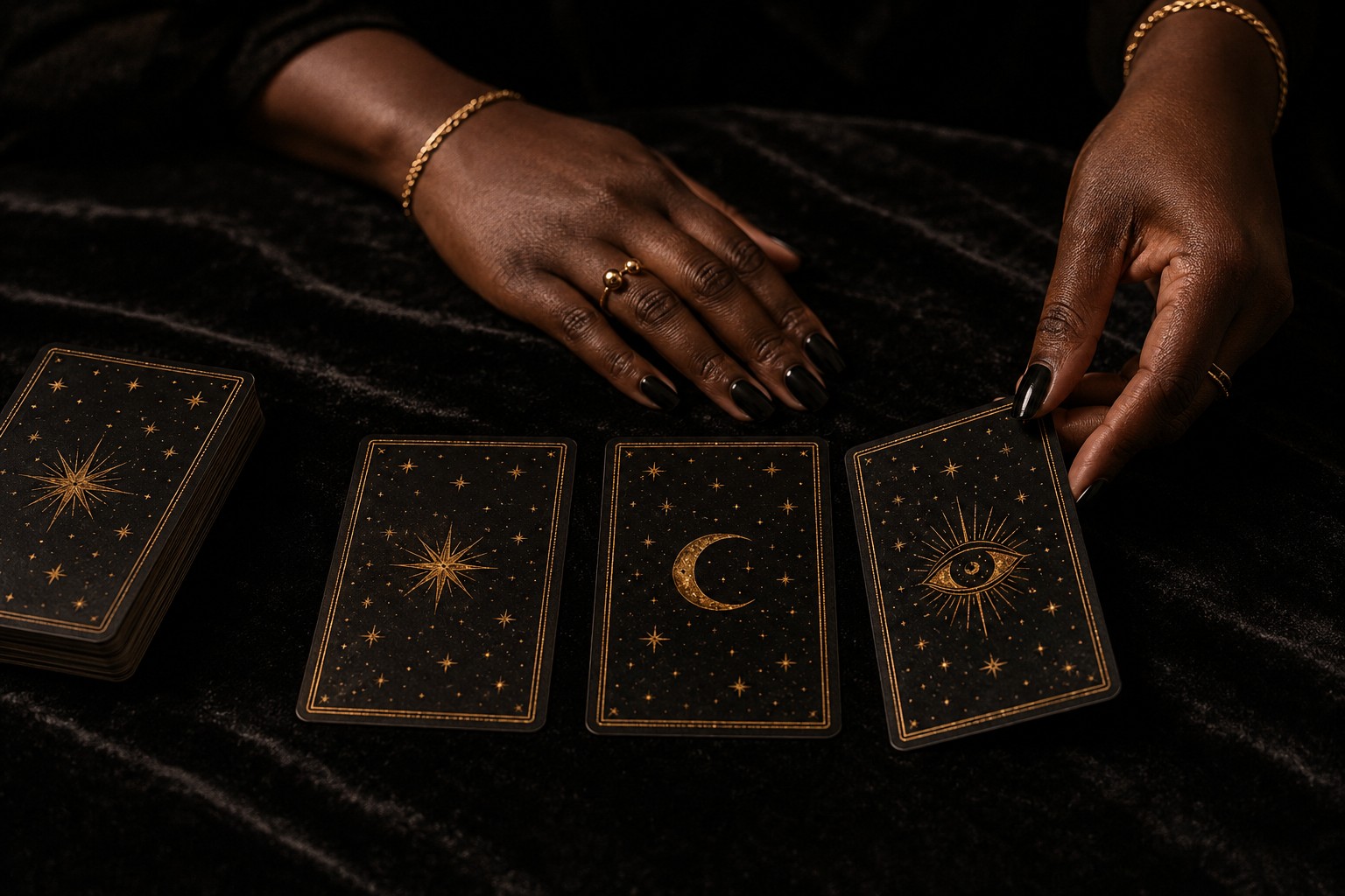 Deep brown hands arranging tarot cards